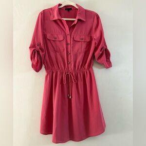 Bebop Pink Button Front Shirt Dress Drawstring Waist Roll Tab Sleeves - Size L